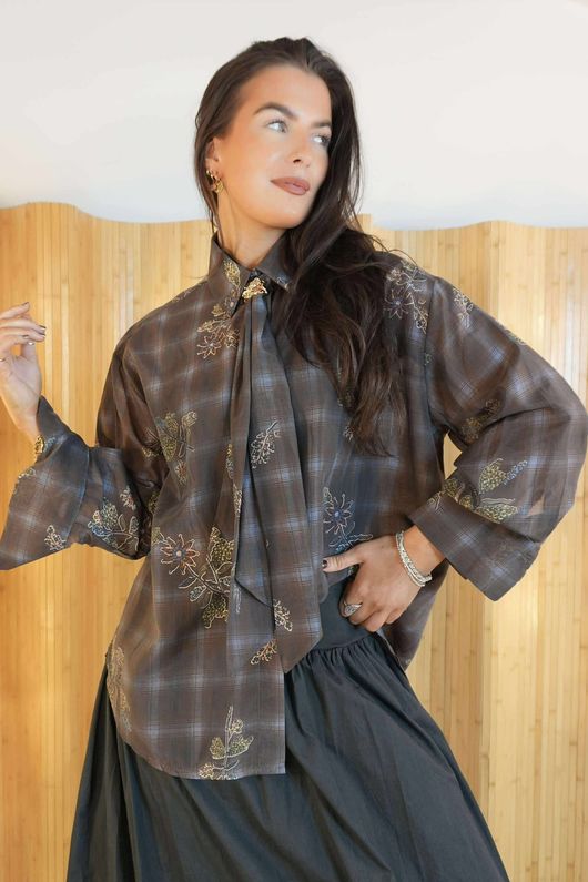 Zeta Otto Plaid Botanical Neck Tie Blouse Chocolate /7=